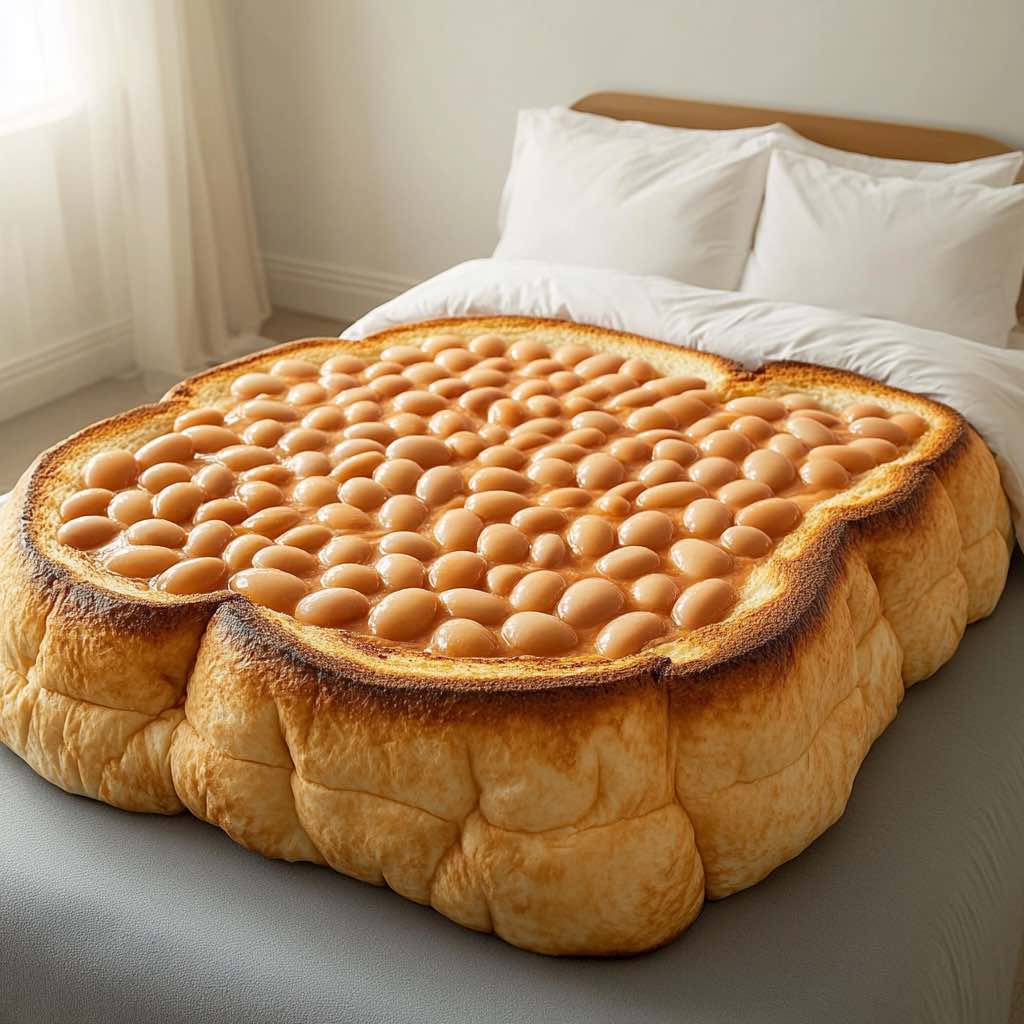 A bed featuring a toasted bread frame with a duvet designed to look like baked beans.