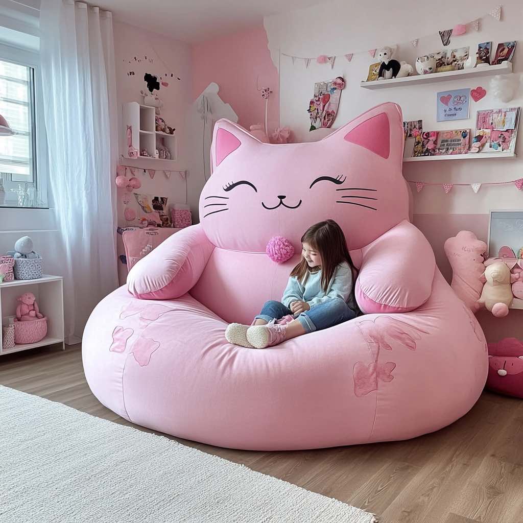 A huge pink cat bean bag with a cheerful girl sitting on it in a pastel pink, cat-themed bedroom.
