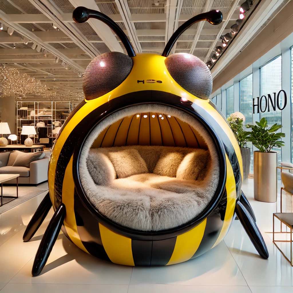 A black and yellow bumblebee-themed lounger with soft faux fur seating, offering warmth and style.