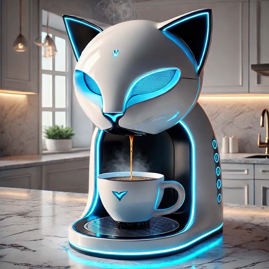 A sleek white coffee machine with glowing blue cat-like features, elegantly brewing coffee in a contemporary kitchen
