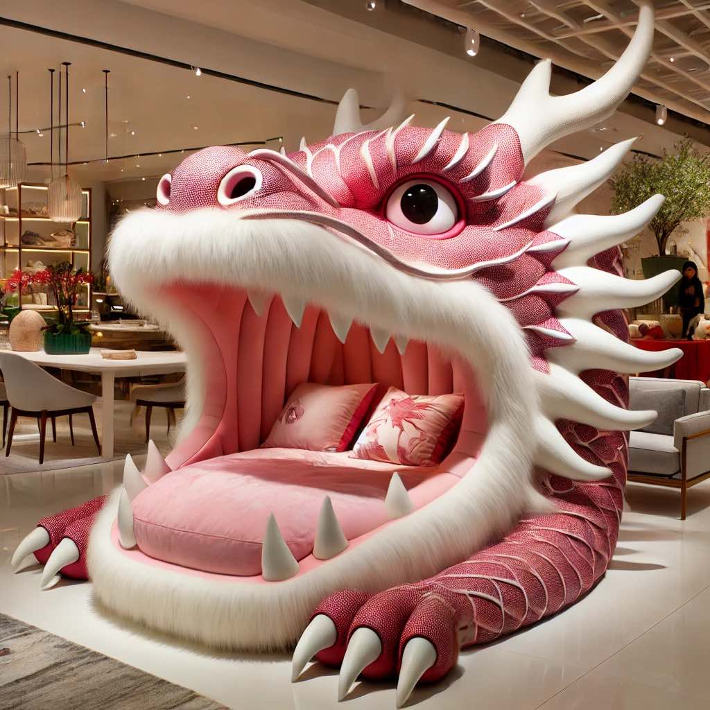 A pink dragon-shaped bed with soft faux fur, sharp white claws, and elegant upholstery in a stylish showroom.