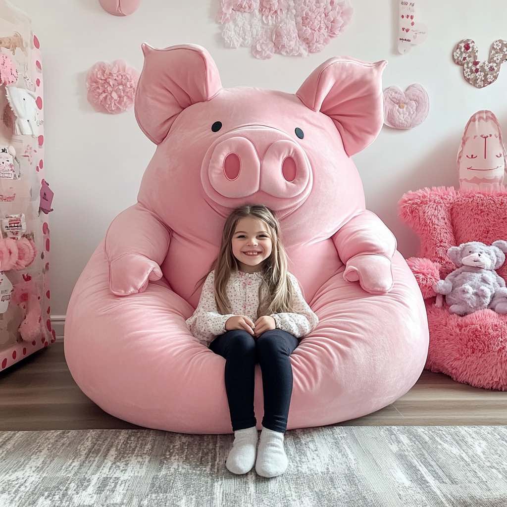 A giant pink pig bean bag with a smiling girl sitting comfortably in a beautifully decorated pink-themed bedroom.
