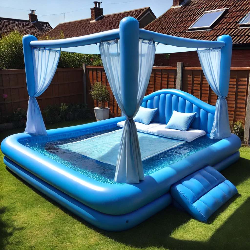 A blue inflatable pool featuring a sleek design, white flowing curtains, and comfortable cushions in a tranquil outdoor space.
