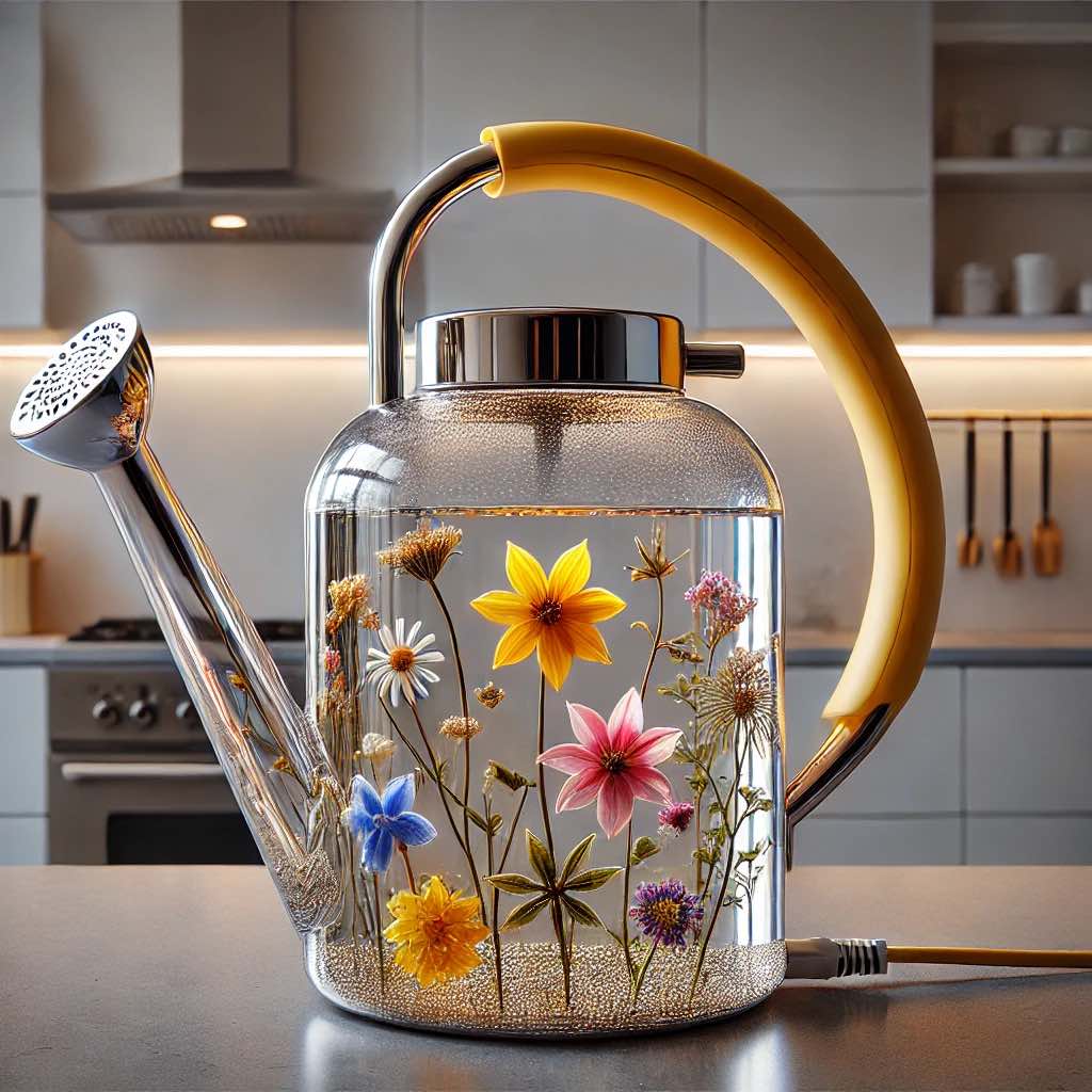 A glass watering kettle with a golden-yellow handle and delicate yellow flowers, radiating warmth in a kitchen space.