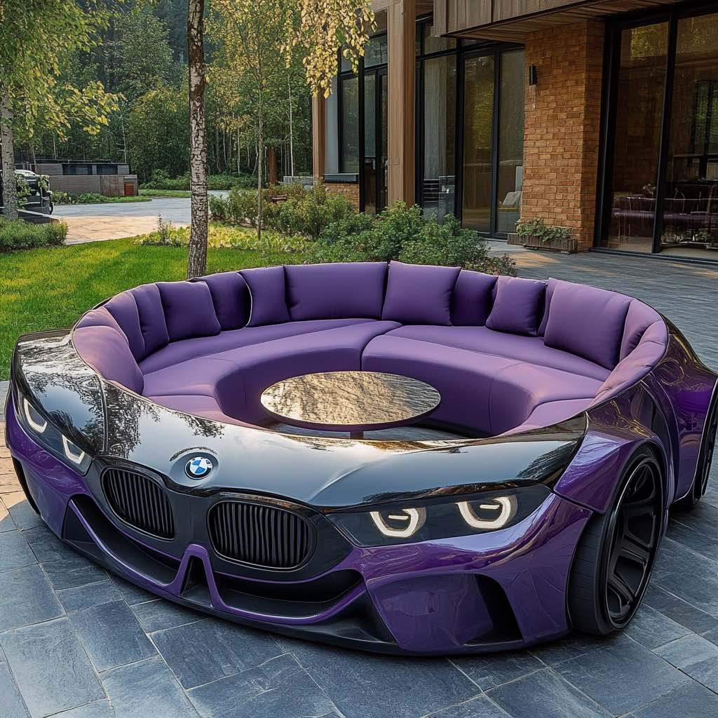 A bold purple BMW-themed circular sofa with a high-gloss finish, surrounded by a lush green garden backdrop.