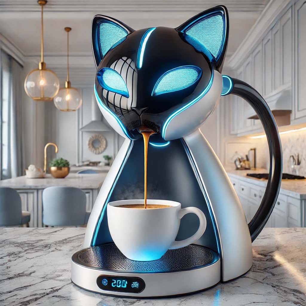 A silver cat-themed coffee machine with futuristic blue LED accents, brewing hot coffee in a stylish kitchen.