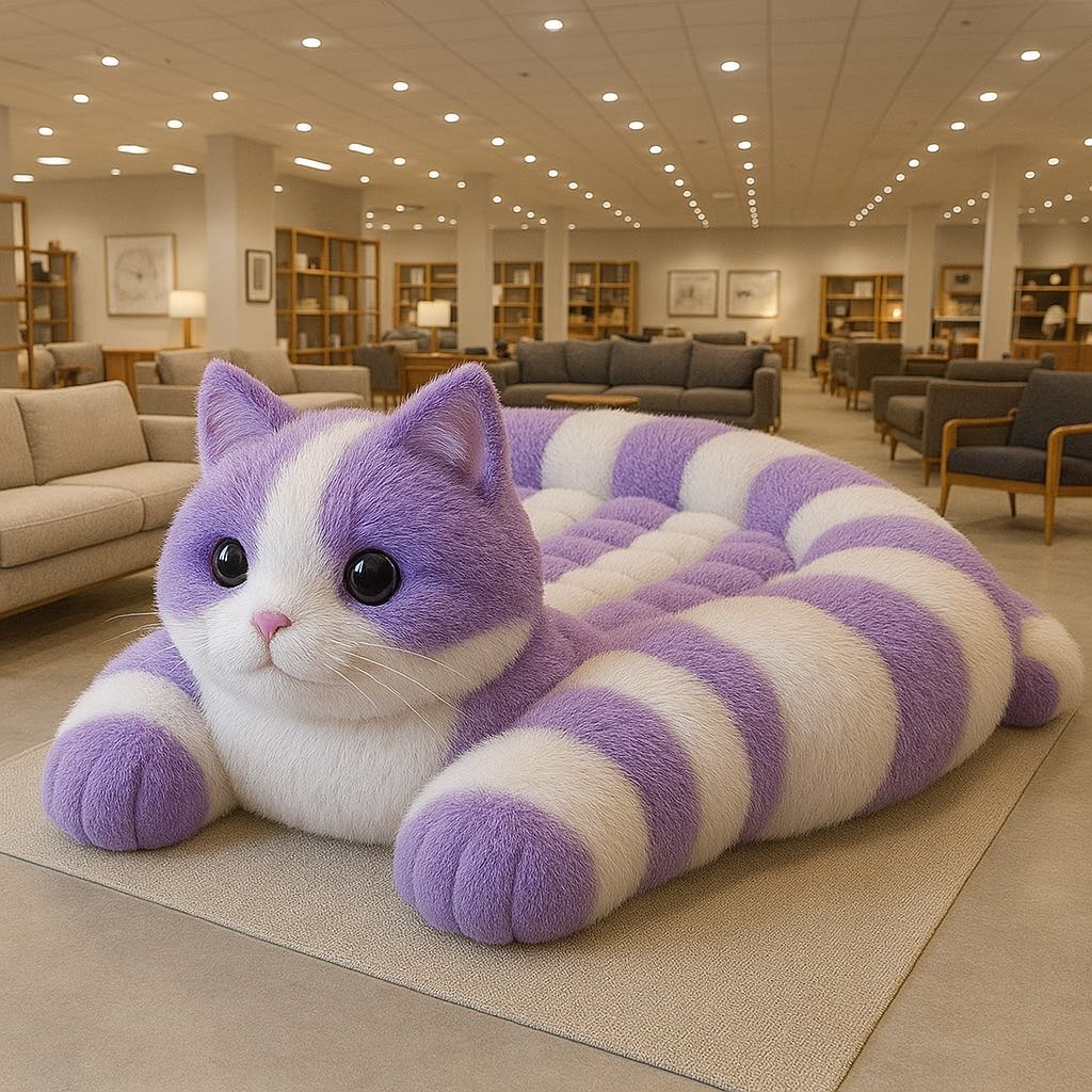 Fluffy lavender and white striped cat bed in a stylish showroom, ideal for quirky home décor.