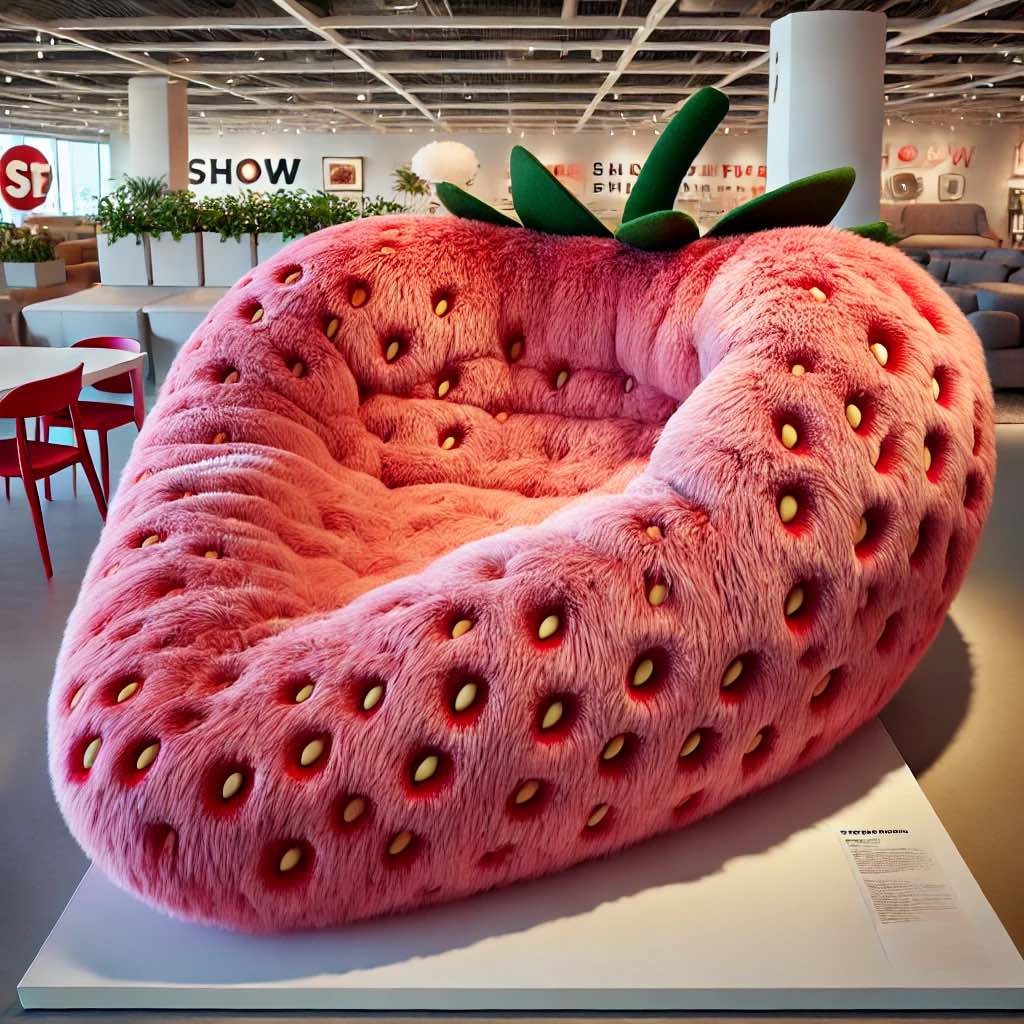 A pink, fur-textured strawberry sofa with realistic tufting and leafy accents, displayed in a showroom.