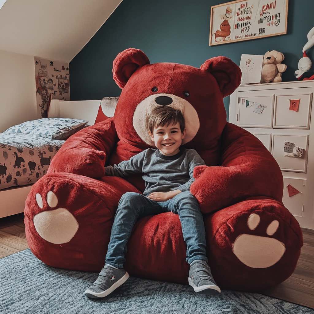  A happy child sitting in a red giant teddy bear chair, surrounded by a fun and playful bedroom decor.