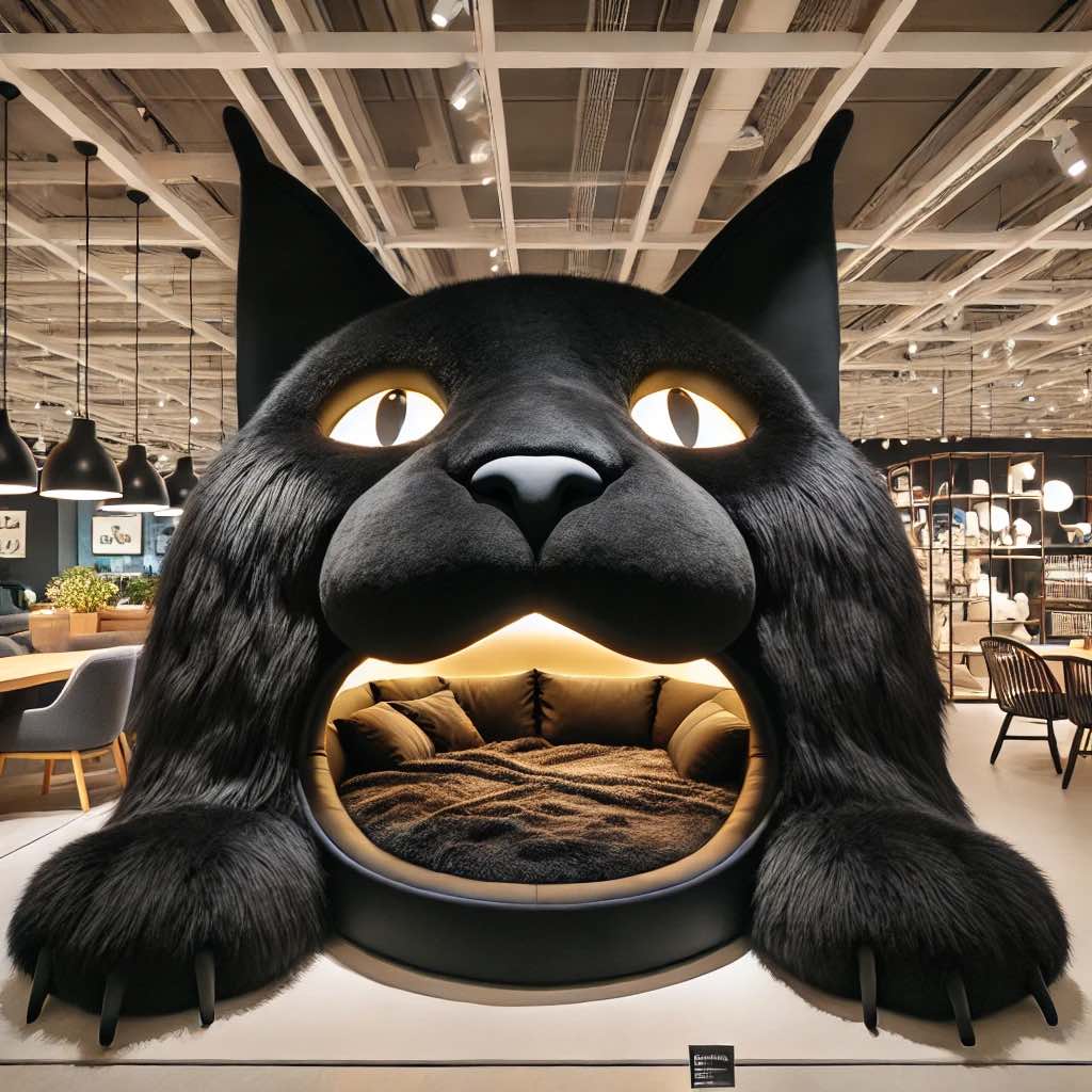 A dramatic black cat-shaped sofa with glowing eyes and a plush interior, making a striking statement in a modern room.