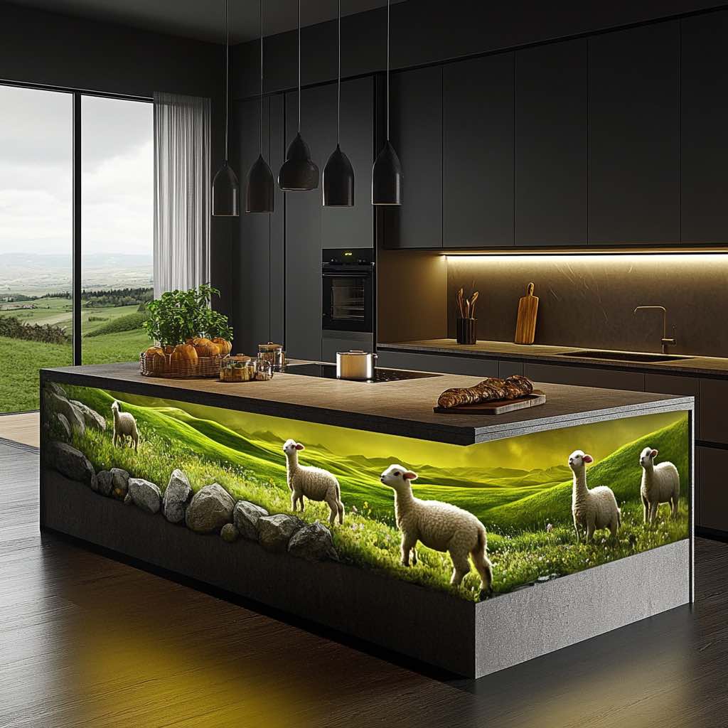  A sleek black kitchen featuring an illuminated island with a vibrant green countryside scene and sheep.
