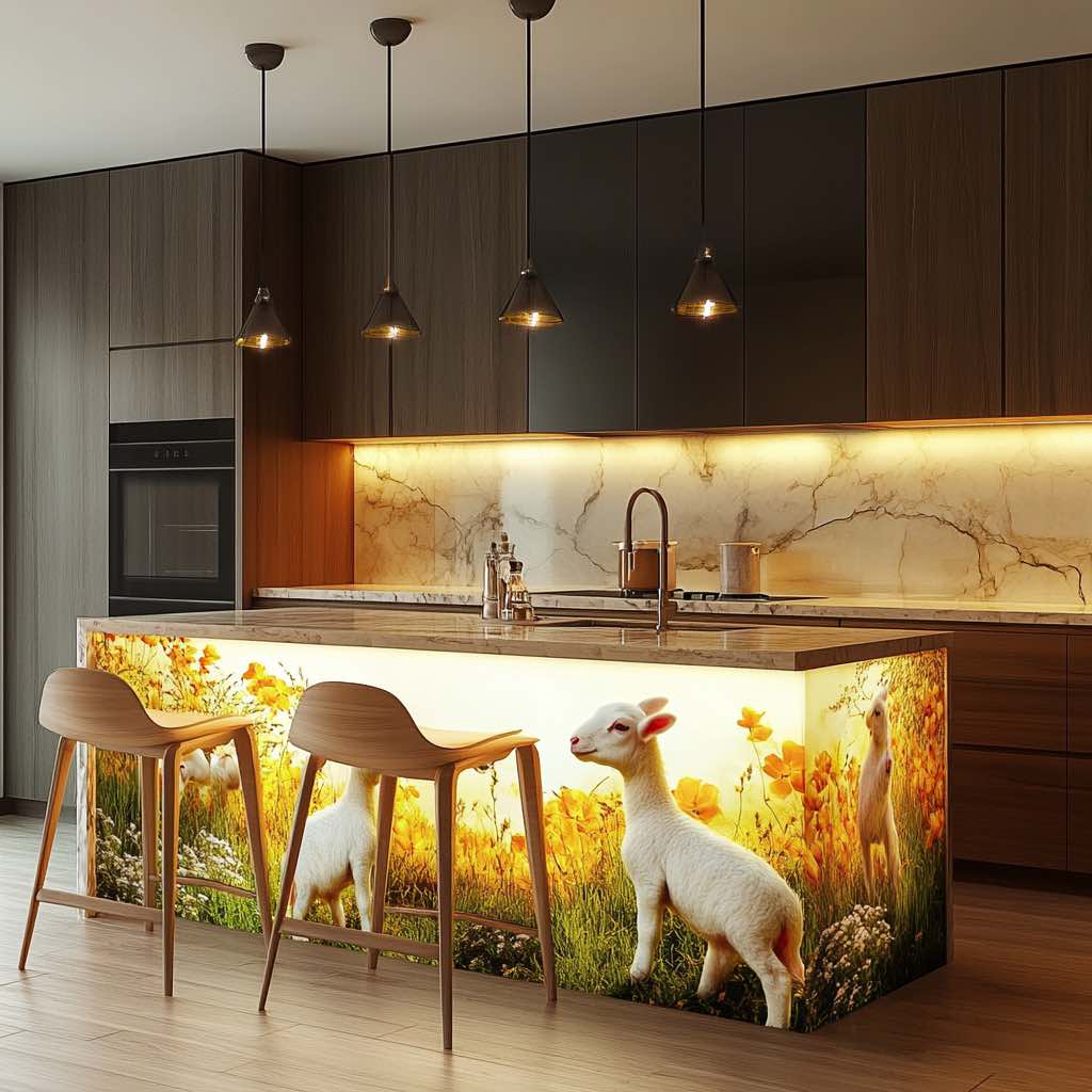  A contemporary kitchen with warm lighting and an illuminated island showcasing a spring meadow with lambs.