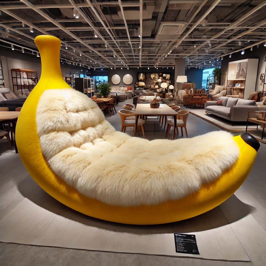 Fruit-Inspired Sofas: A bright yellow, plush banana-shaped sofa with a tufted interior in a contemporary furniture store.