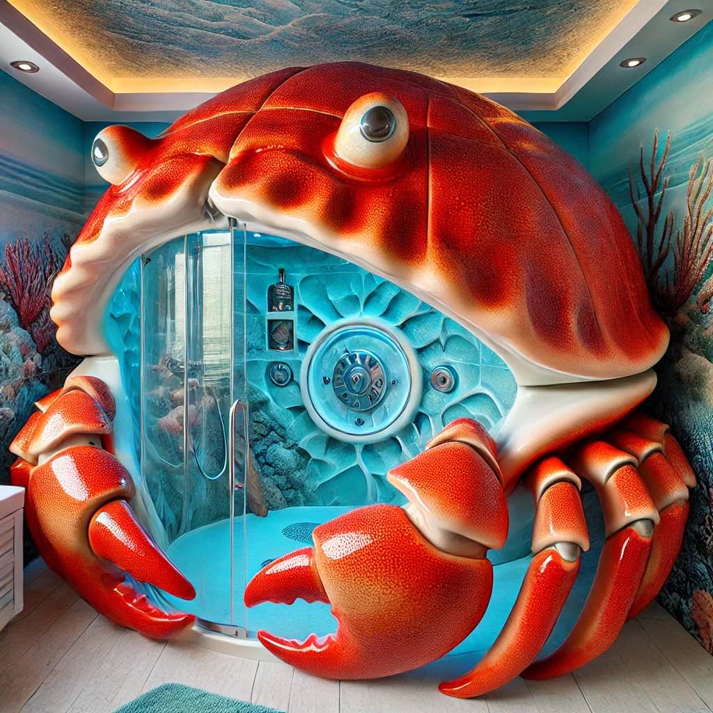 A unique crab-themed shower with striking red claws and oceanic blue interiors.