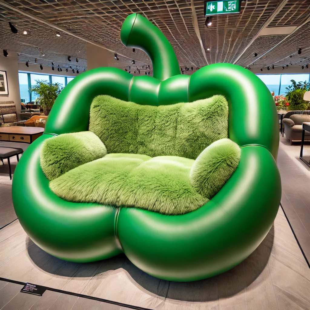 A stylish green bell pepper-inspired sofa with a glossy outer shell, soft green upholstery, and a playful curved stem in a contemporary setting.