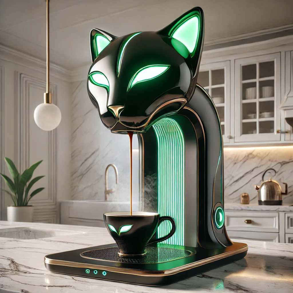 A glossy black coffee machine with green LED lights and a feline-inspired design, creating a sleek kitchen aesthetic