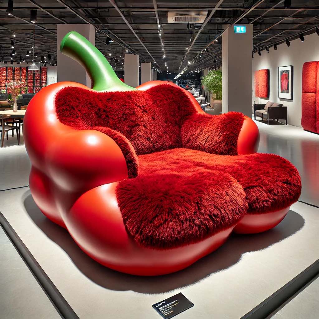 A luxurious red pepper-shaped sofa with a glossy finish, deep red plush seating, and a green stem accent in a showroom setting.