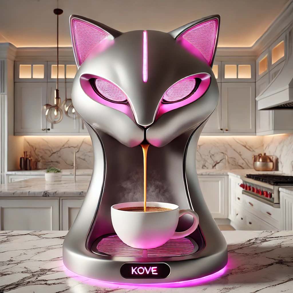 A stylish cat-themed coffee maker with pink LED lights, dispensing hot coffee into a cup on a marble countertop.