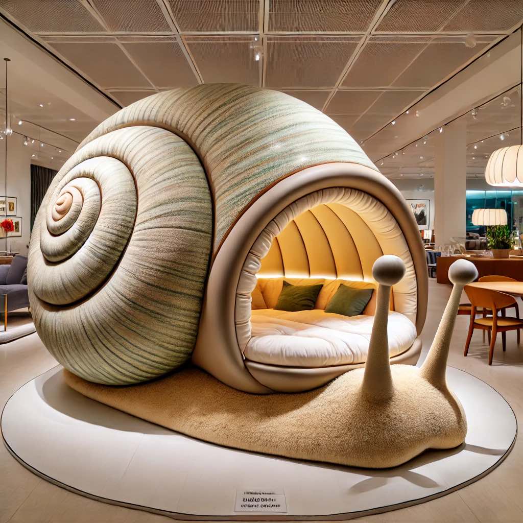 A beautifully curved snail shell-inspired lounger with soft upholstery, designed for a tranquil retreat.
