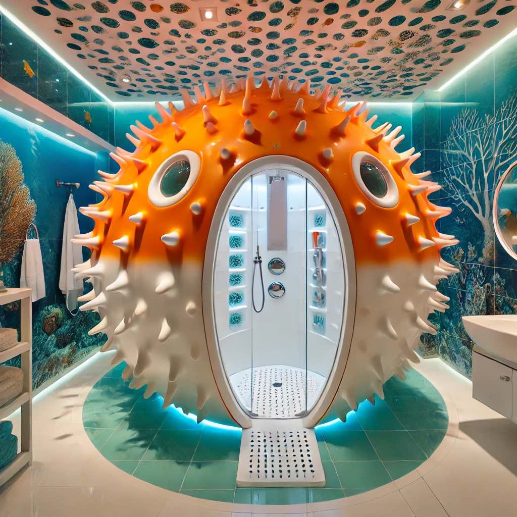 A playful pufferfish shower with a bold, spiky exterior and deep-sea ambiance.