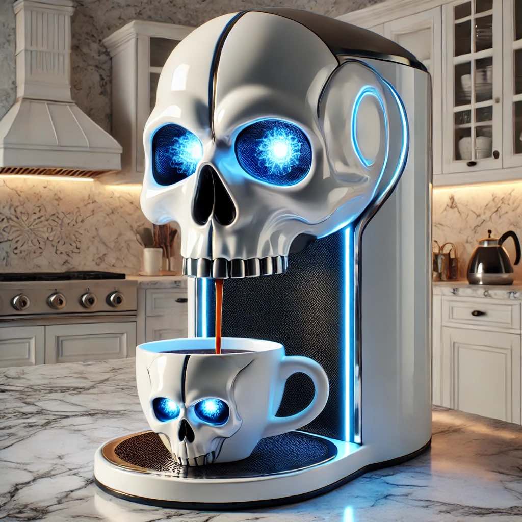 A futuristic white skull coffee machine with electric blue glowing eyes, creating a sci-fi-inspired coffee brewing experience.