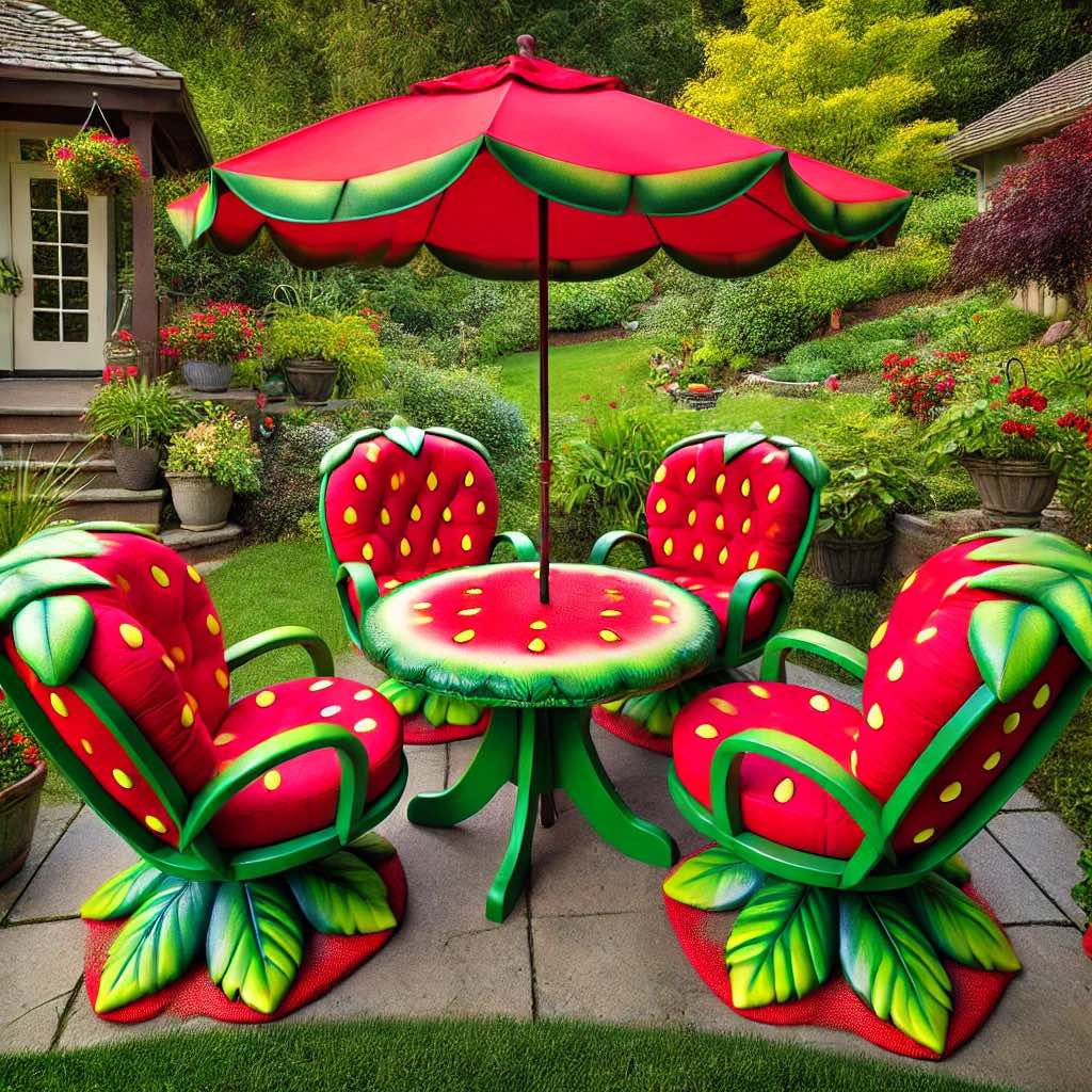 A charming strawberry-themed garden furniture set with red and green details, placed in a magical garden setting.