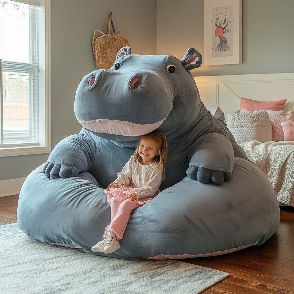 A large grey hippo-shaped bean bag in a child’s bedroom, offering a soft and comfortable seating option.