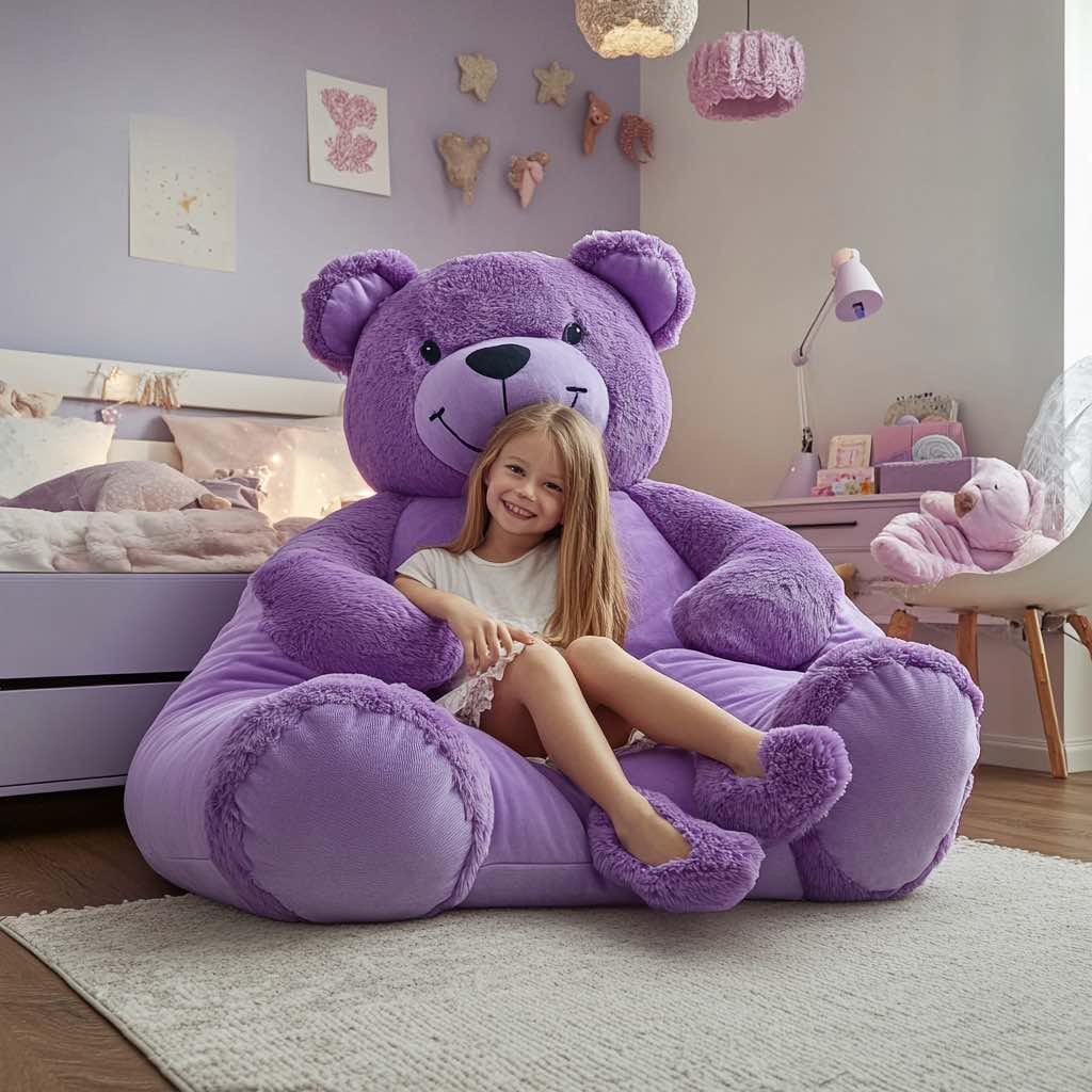 A young girl smiling while relaxing in a purple teddy bear chair in a beautifully decorated lavender-themed room.
