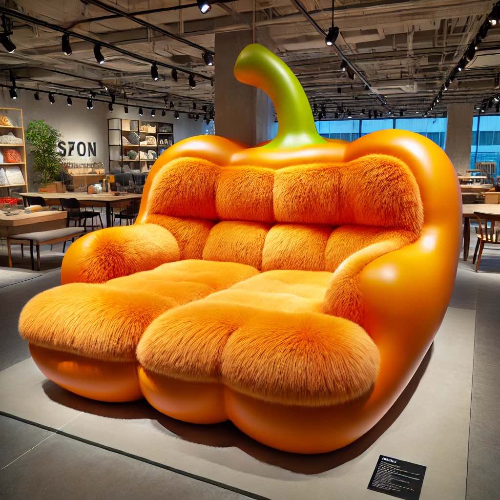A vibrant orange pepper-shaped sofa with a plush furry surface and a curved green stem, displayed in a modern showroom.