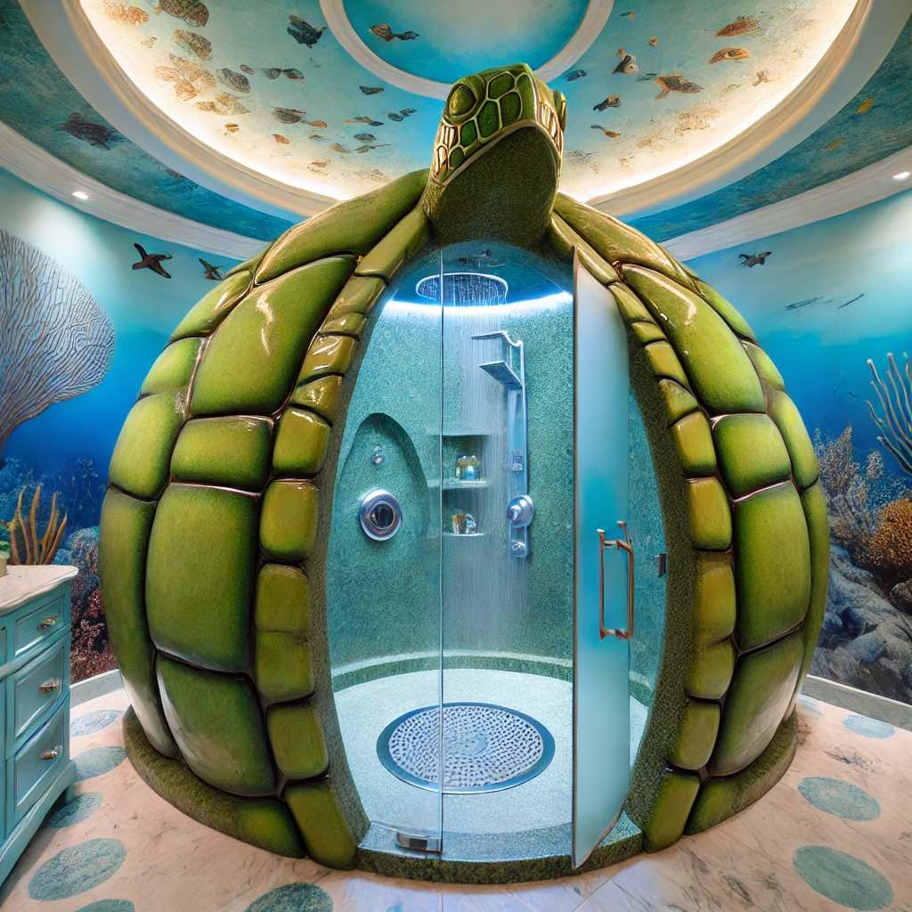 A stunning turtle shell-inspired shower enclosure with intricate detailing and ocean-themed decor.