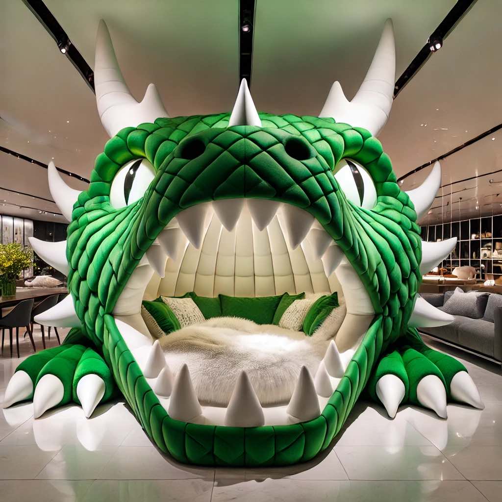 A vibrant green dragon-inspired bed with plush interiors, sharp teeth, and a fierce expression in a modern furniture display.