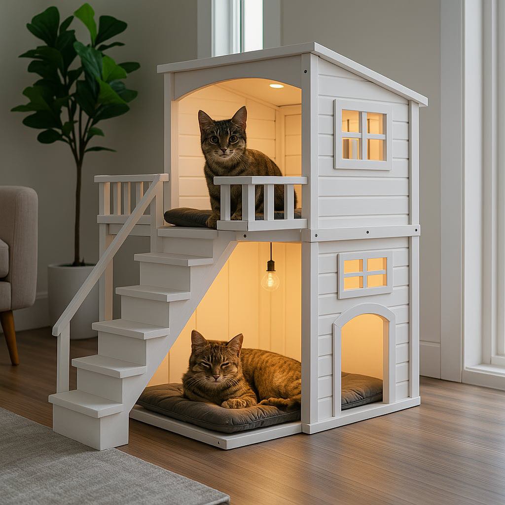 Two tabby cats enjoying a white two-storey indoor cat house featuring soft cushions and built-in lighting.
