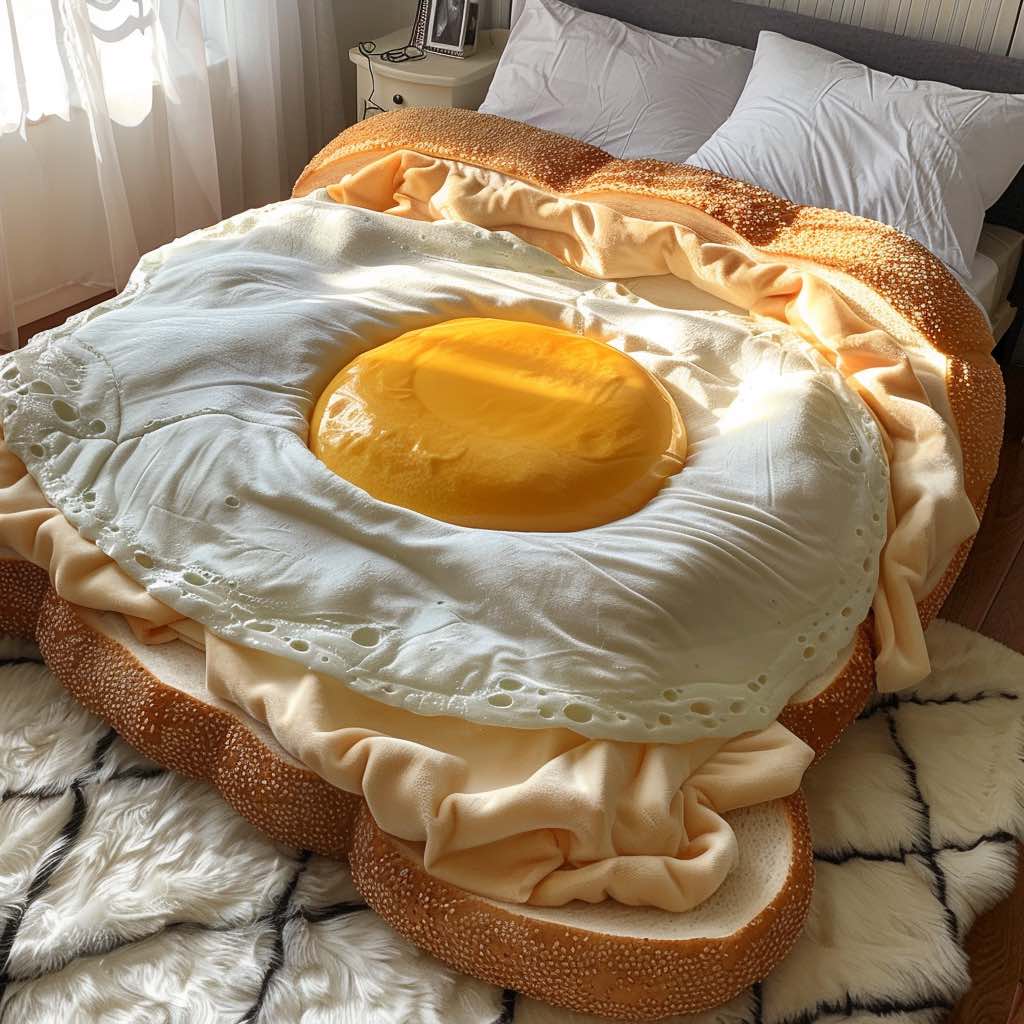 A bed designed to resemble a slice of toast topped with a realistic fried egg blanket.