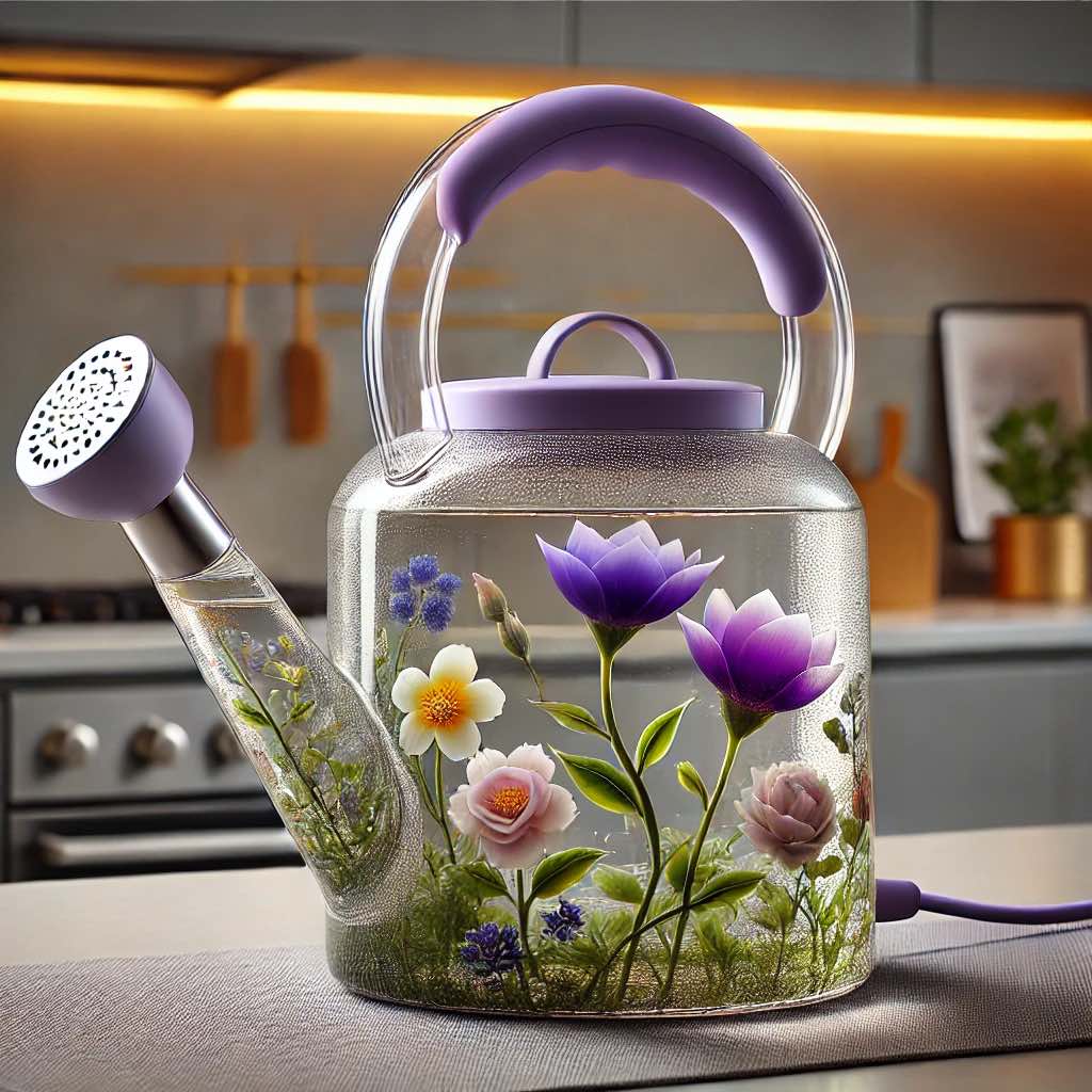 A transparent glass kettle featuring vibrant purple flowers and a stylish purple handle, creating a regal kitchen aesthetic.