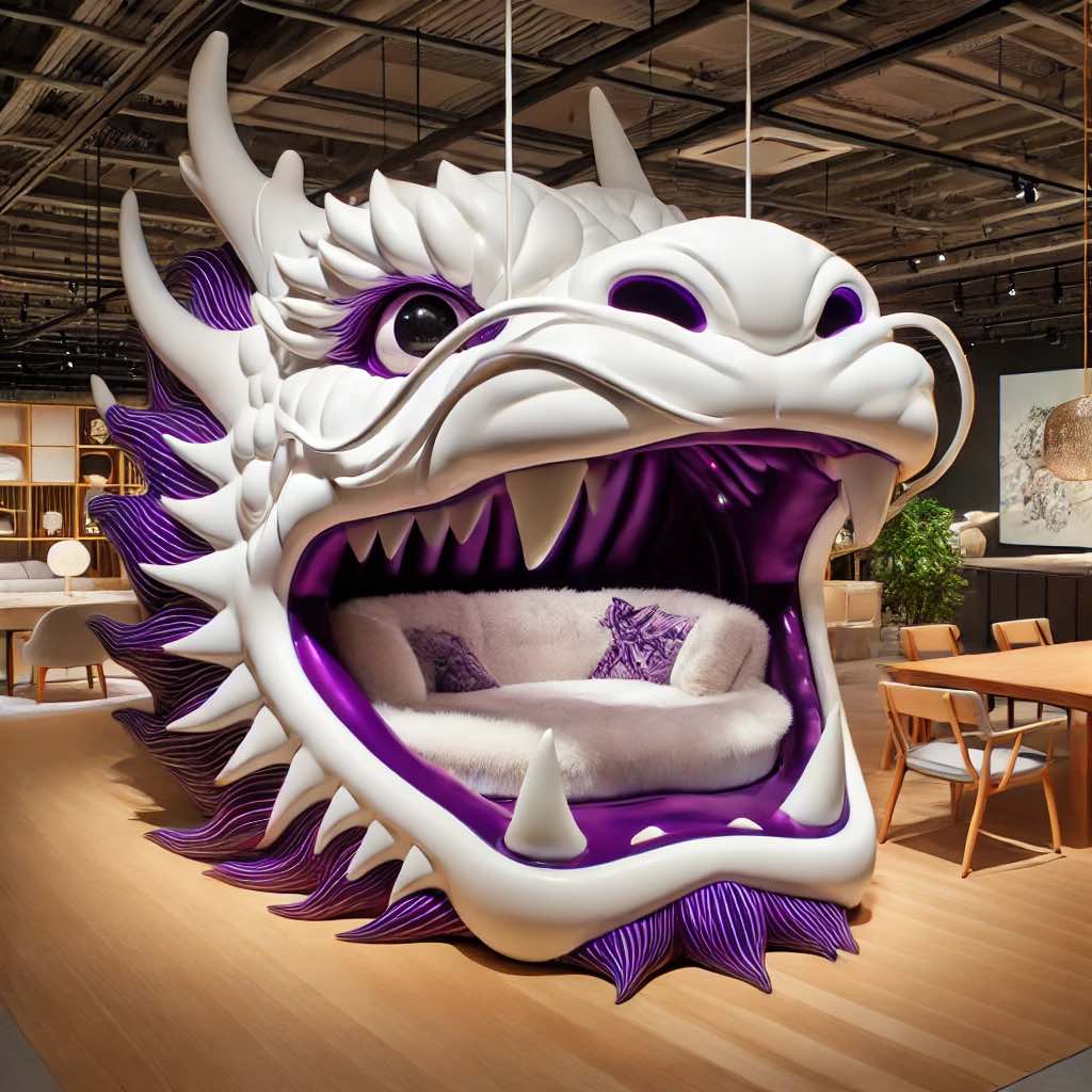 A bold white and purple dragon bed with a glossy finish, sharp fangs, and a comfortable sleeping area in a showroom.