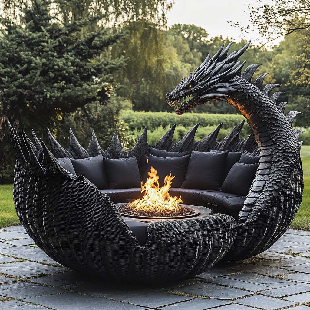A sleek black dragon fire pit lounge with a woven texture, glowing fire, and intricate dragon head sculpted details.
