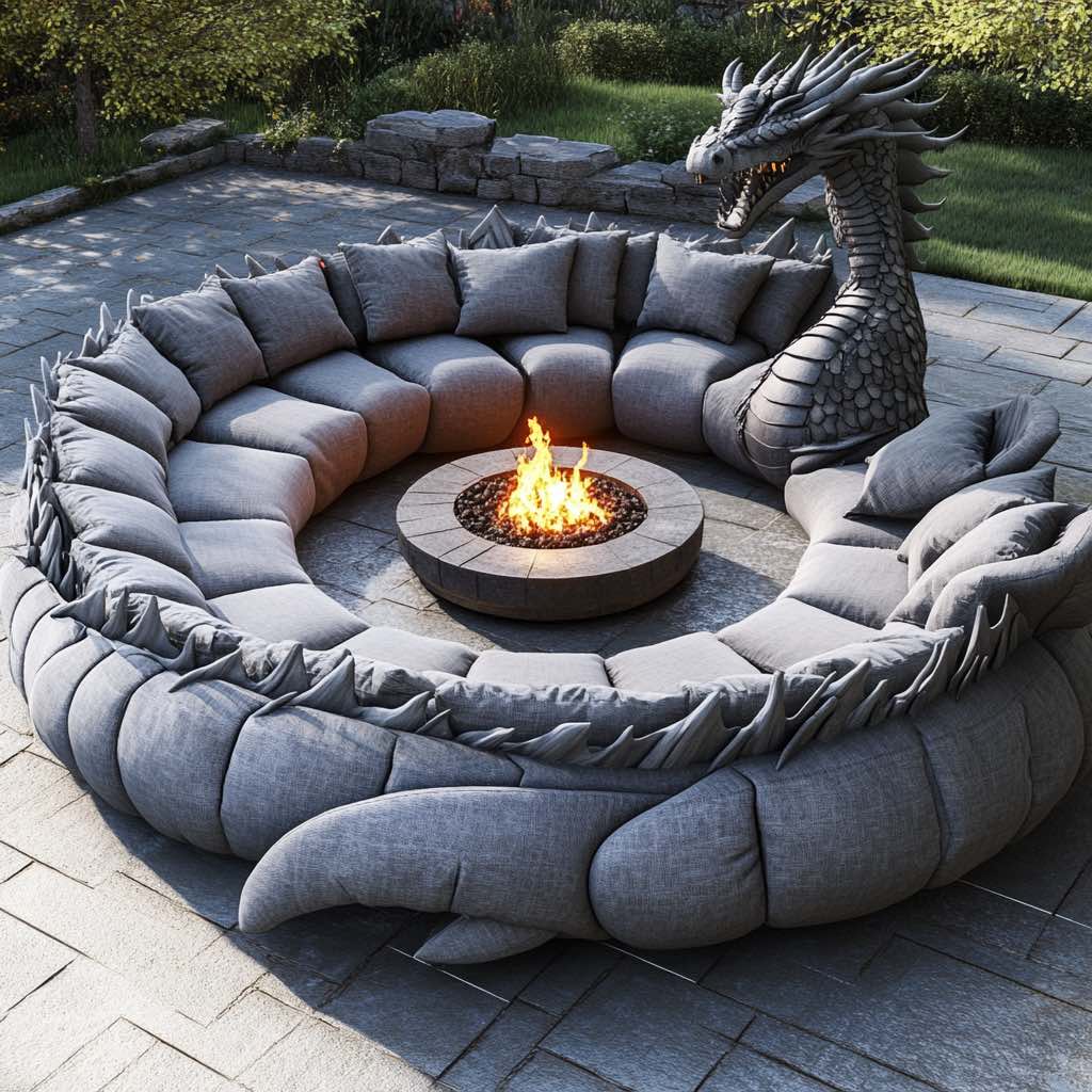 A woven grey dragon-inspired fire pit lounge with plush grey cushions and a central stone fire pit, set in a stylish outdoor space.