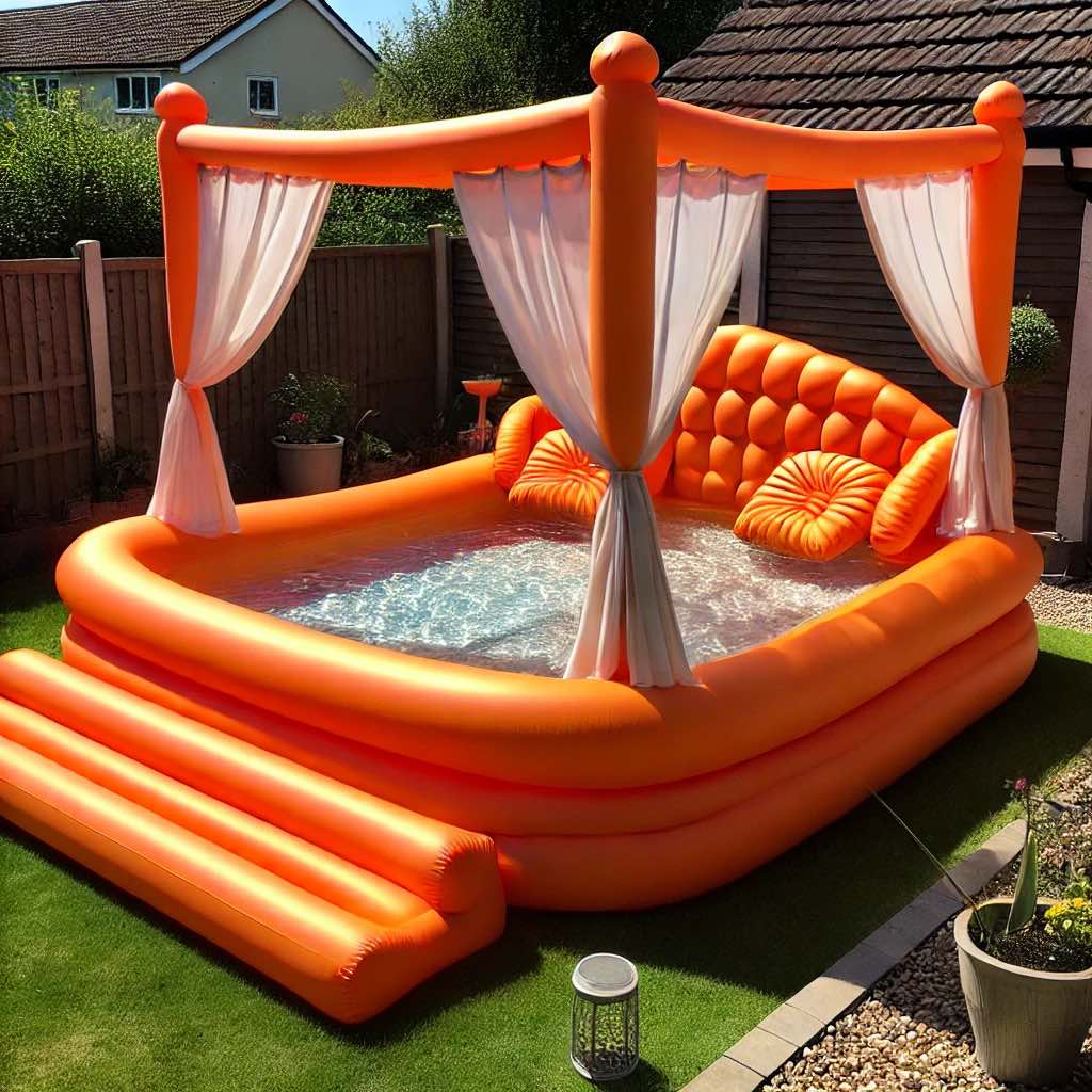 A bright orange inflatable pool with a canopy, tufted seating, and steps leading into a luxurious garden retreat.