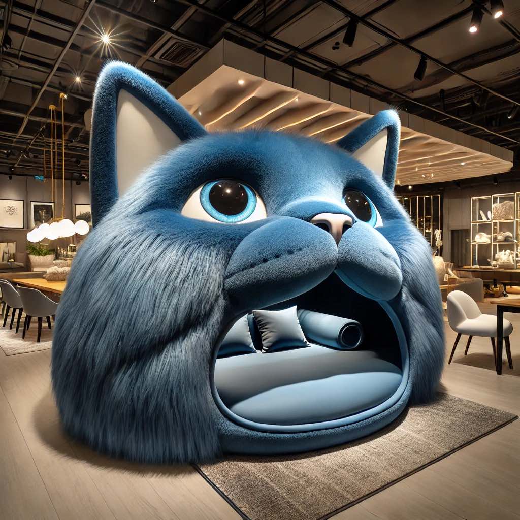 A cool blue cat-shaped sofa with a sleek, modern design, blending perfectly with minimalist décor.
