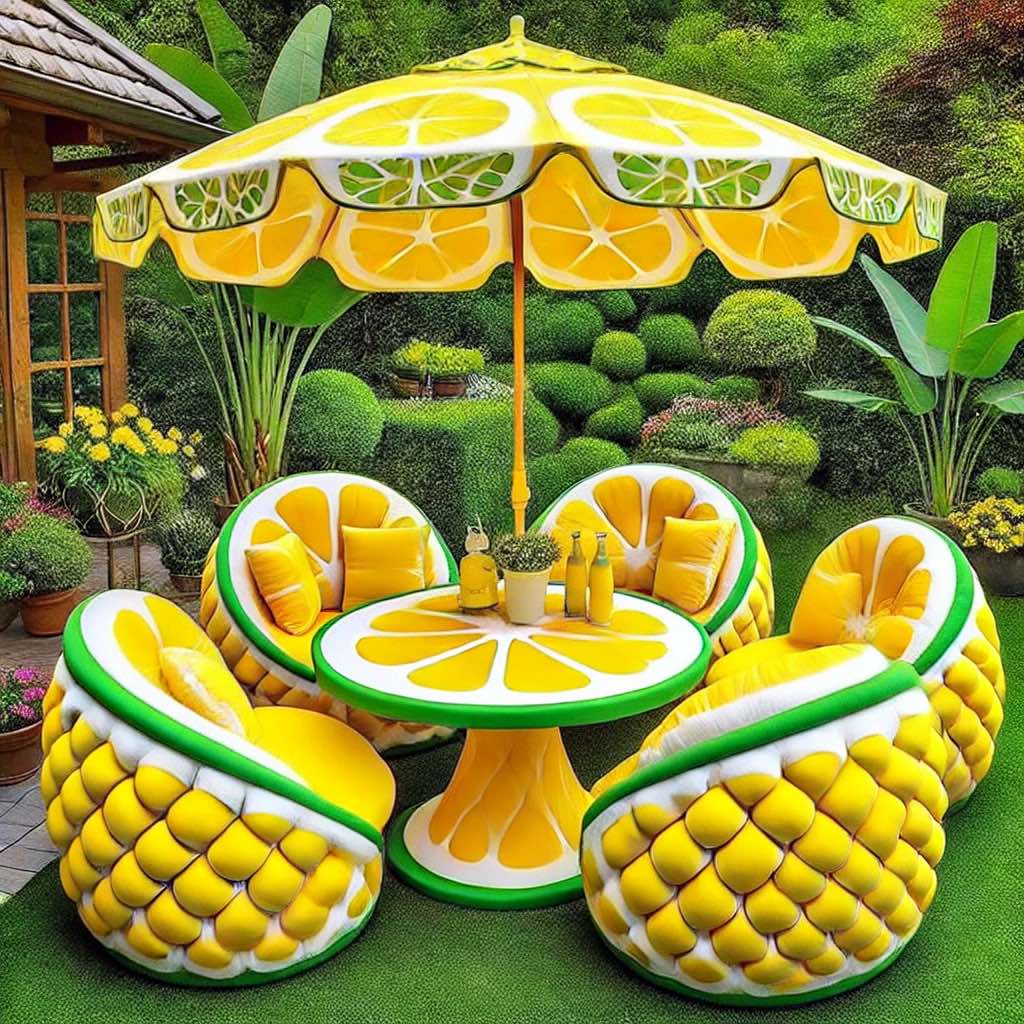 A bright and cheerful lemon-themed outdoor furniture set with yellow and green accents in a garden.