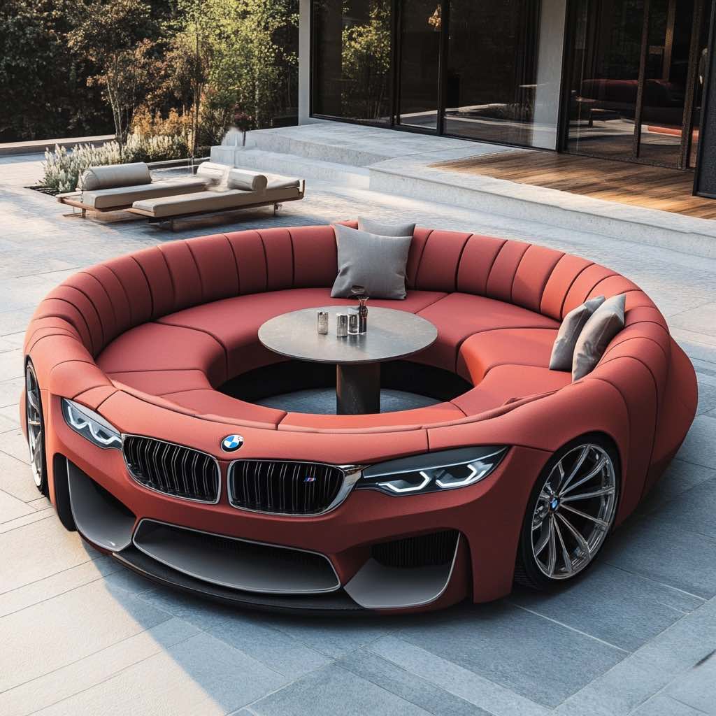 A high-end red circular sofa featuring BMW-inspired headlights and premium seating, set in a luxurious outdoor setting.