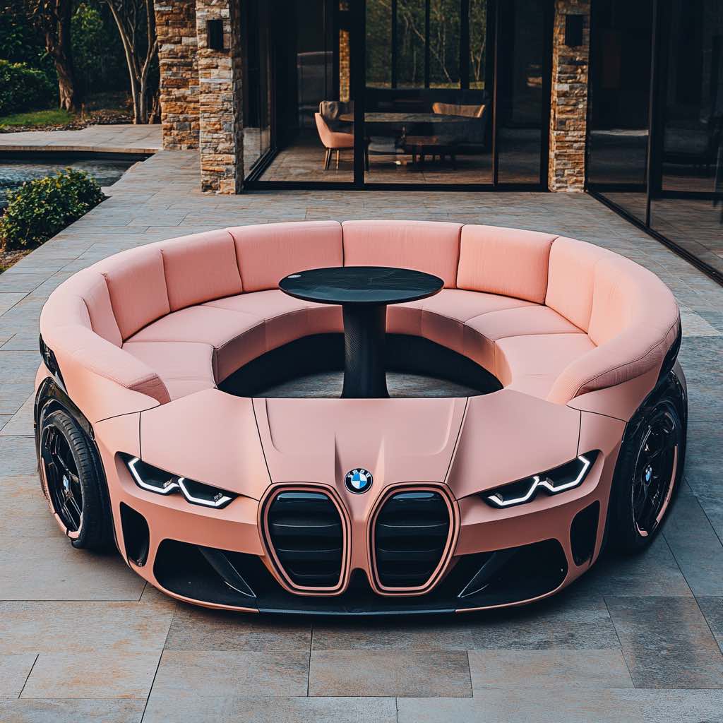 A pink BMW-inspired circular sofa with black accents, designed for a modern patio or luxury lounge