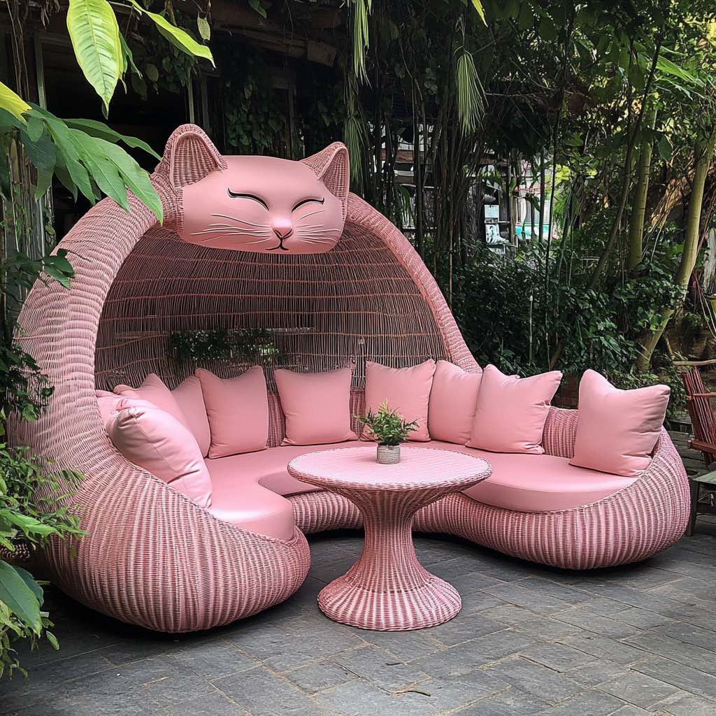 A pink cat-shaped wicker seating area with matching cushions in a serene garden setting