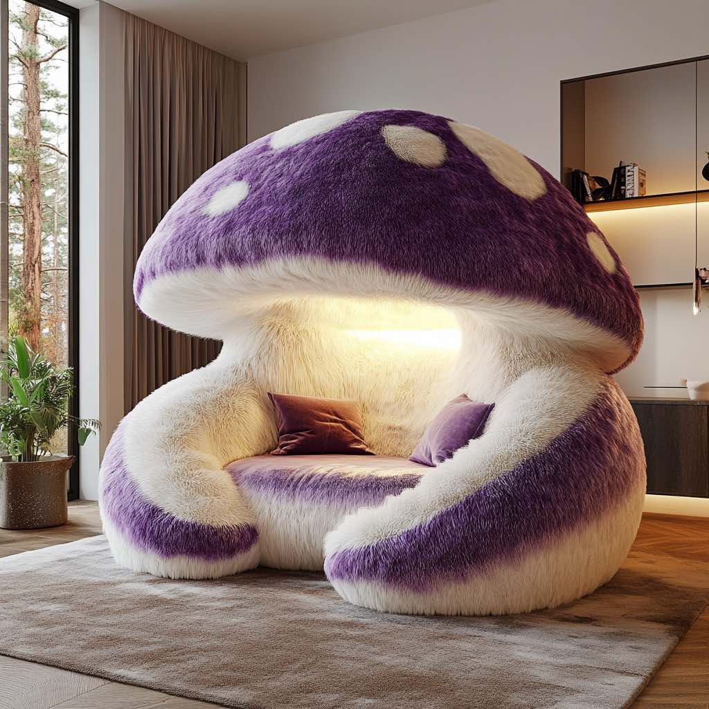 Large purple mushroom pod chair with fluffy upholstery and a glowing interior, creating a magical atmosphere.