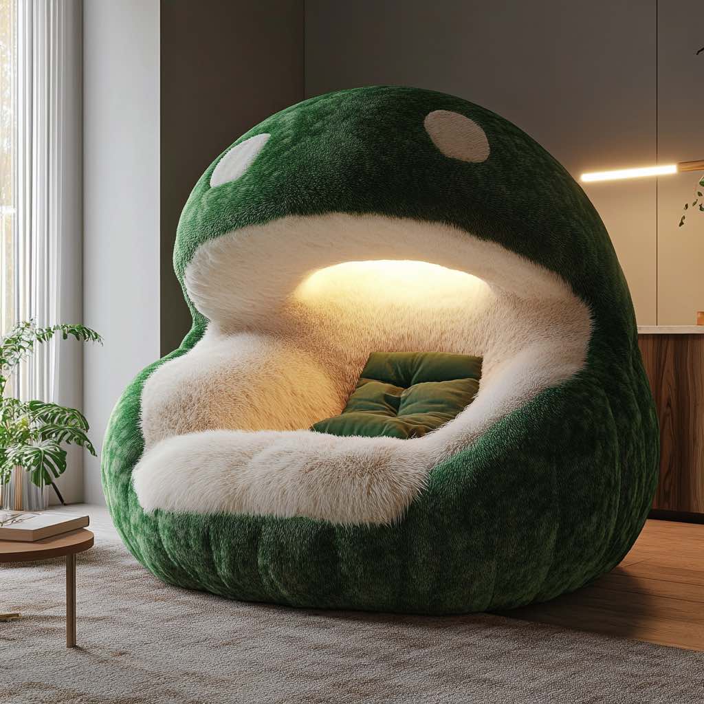 Green mushroom-shaped lounge chair with a furry interior and warm lighting, ideal for a serene escape.
