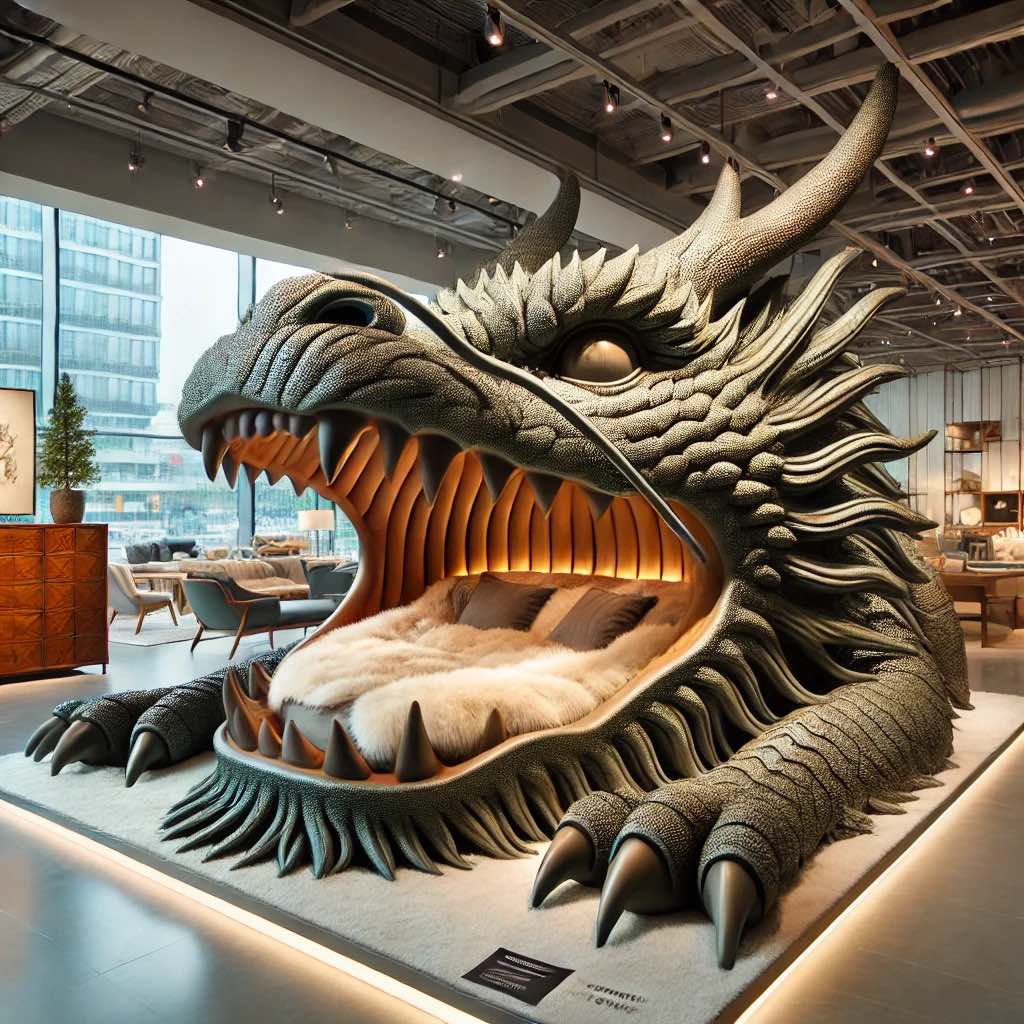 A black and gold dragon-themed bed with glowing interior lighting, intricate scales, and a fierce expression in a high-end furniture setting.