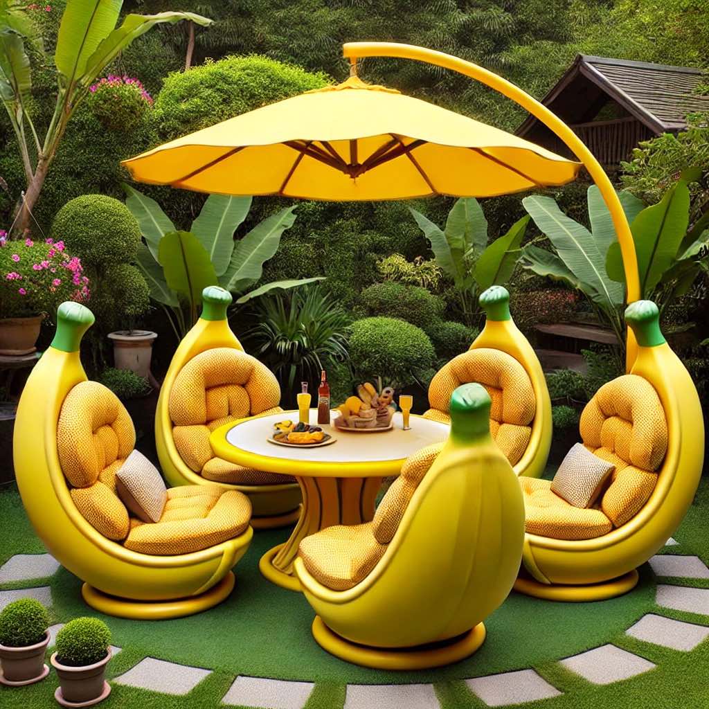 A playful banana-inspired outdoor set featuring curved yellow chairs and a matching umbrella in a green oasis.