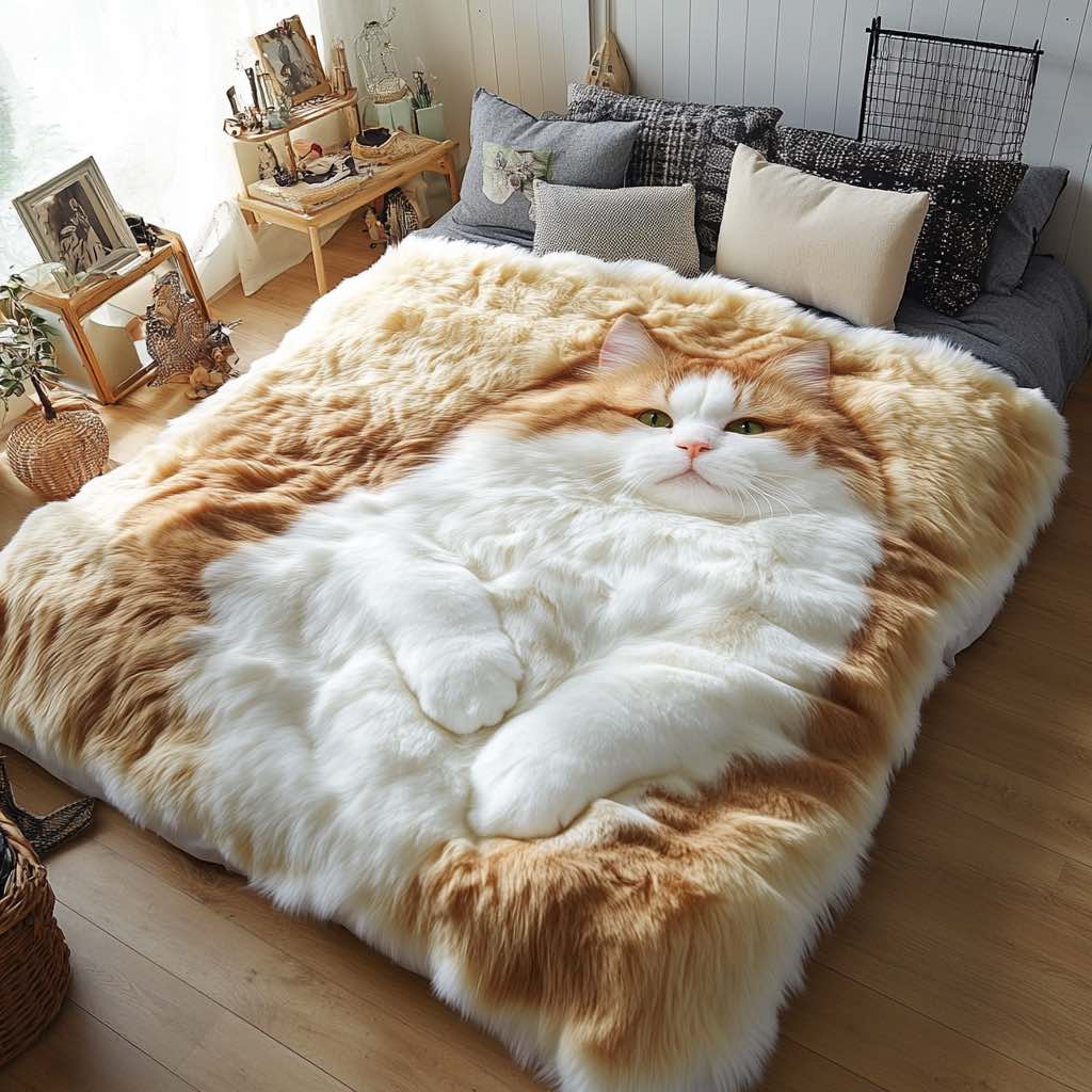 A fluffy Persian-style cat blanket with orange and white fur, designed to bring warmth and charm to any bed.