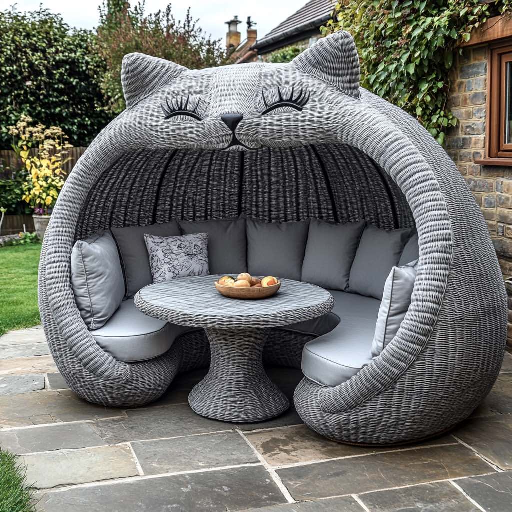 A stylish grey wicker cat lounge with a rounded open entrance and a small dining table.