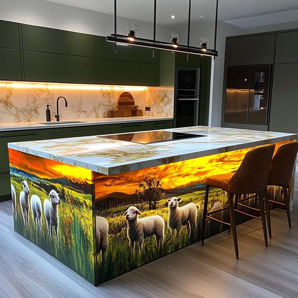 A modern green kitchen featuring a backlit kitchen island with a glowing sheep meadow design.